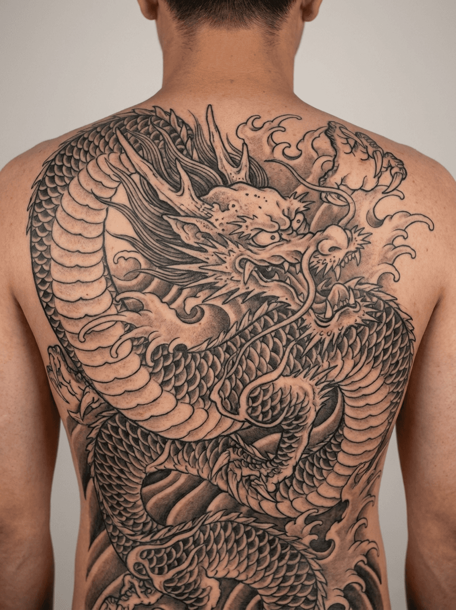 Tattoo shown on the back, designed with InkOnce