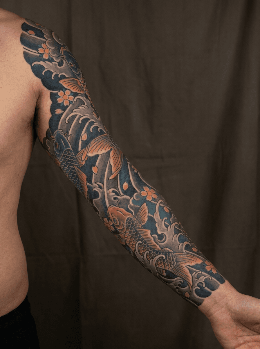 Tattoo shown on the full sleeve, designed with InkOnce