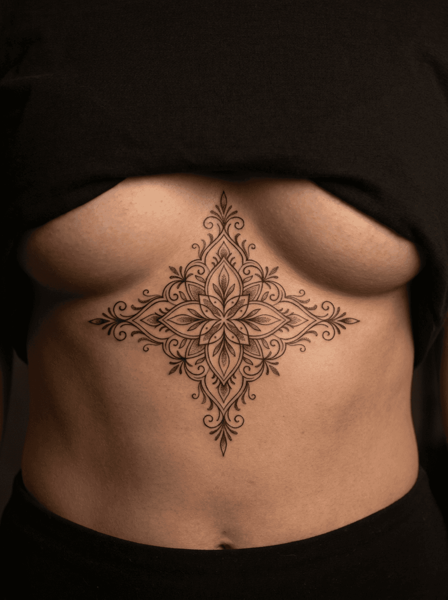 Tattoo shown on the sternum, designed with InkOnce